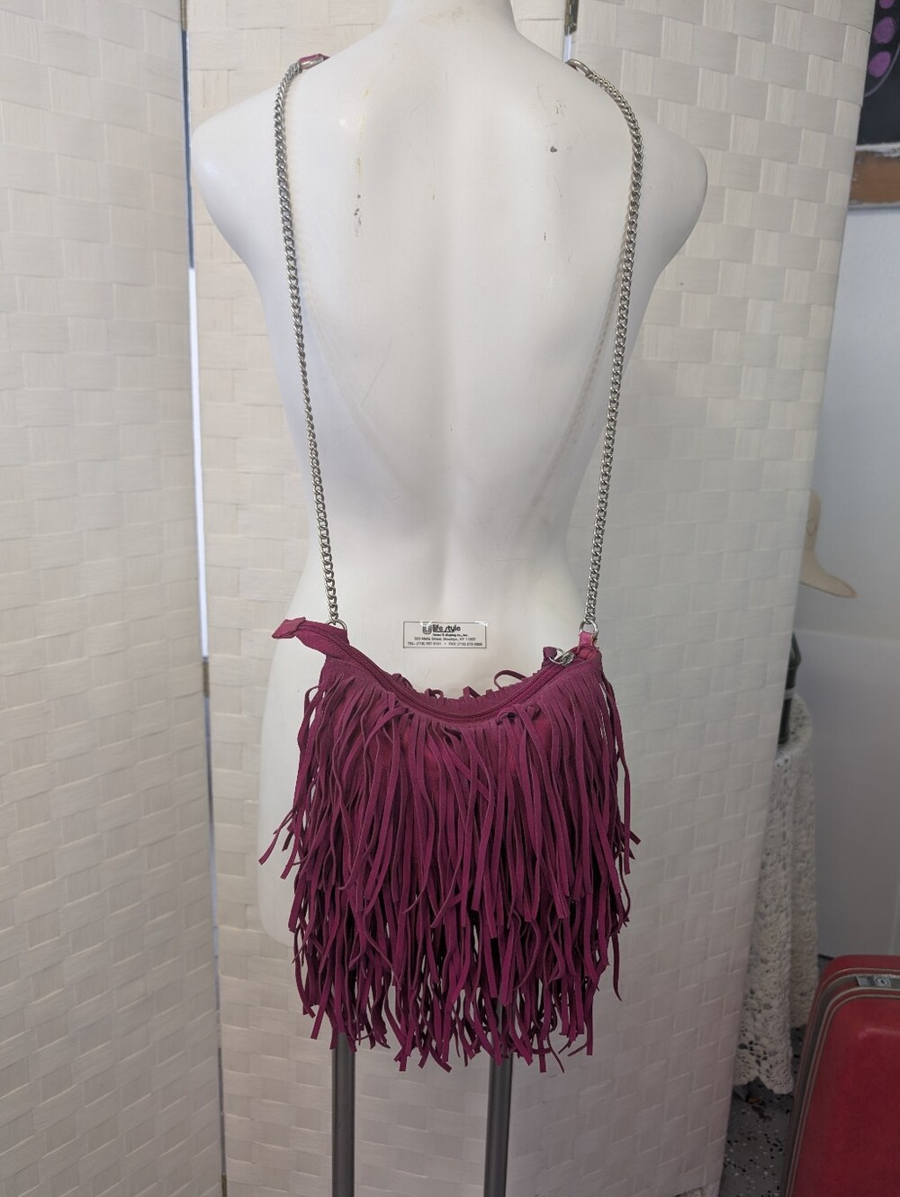 Vintage Bag  Fringe Crossbody Hot Pink Leather Zipper Closure- Unbranded - Picture 2 of 6